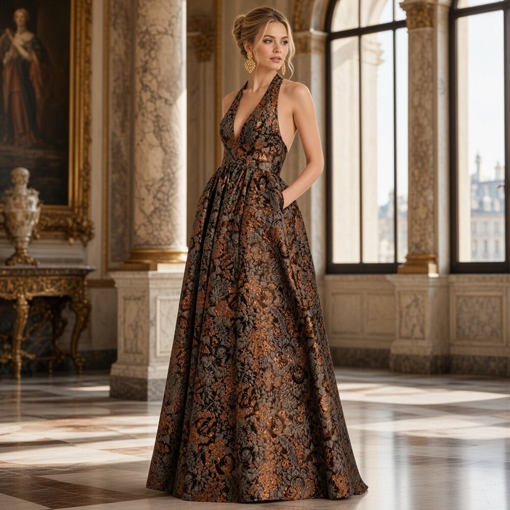 Dress the Population Christina Metallic Floral Jacquard Gown XS, NWT